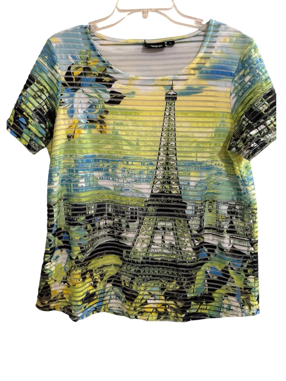 Paris Print Short Sleeve Top in Yellow and Blue size L